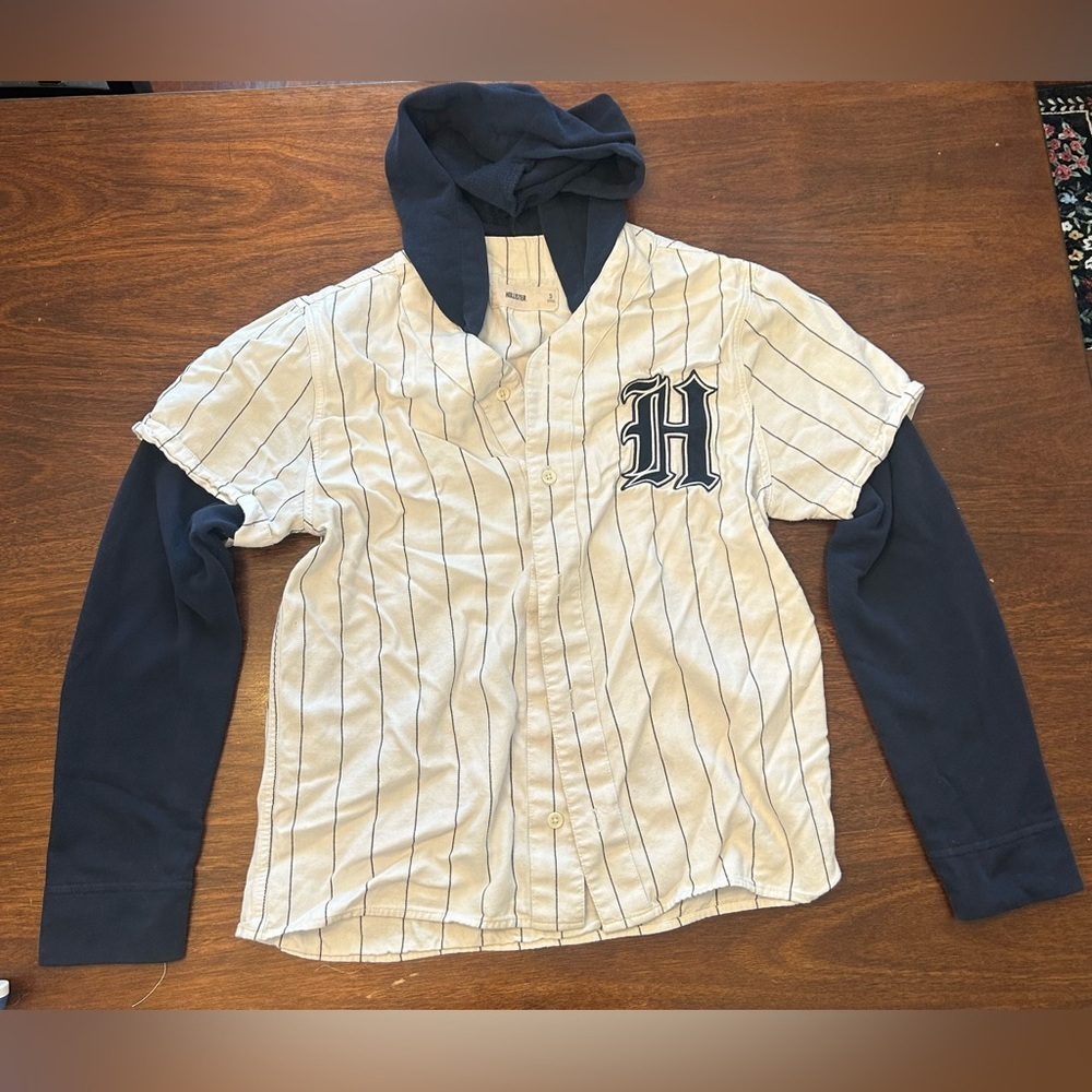 Hollister Cream Pinstripe Baseball Hoodie with Navy Details